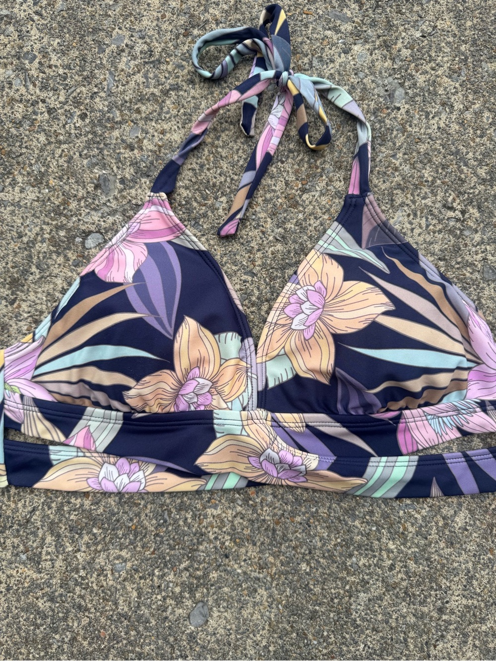Kona Sol Navy Halter Bikini Top with Pastel Floral Trim Medium Tropical Swim